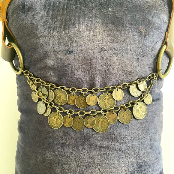 Antoniazzi Brown Leather Belt with Coin Chain Accents Handcrafted in Italy. - Picture 2 of 15